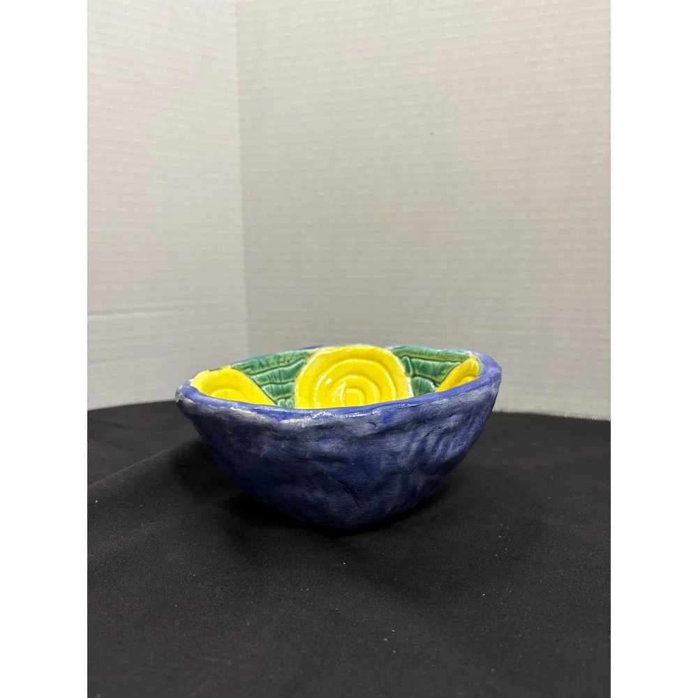 Handmade Ceramic Bowl - Colorful Trinket Dish, Blue Yellow Green Painted Pottery